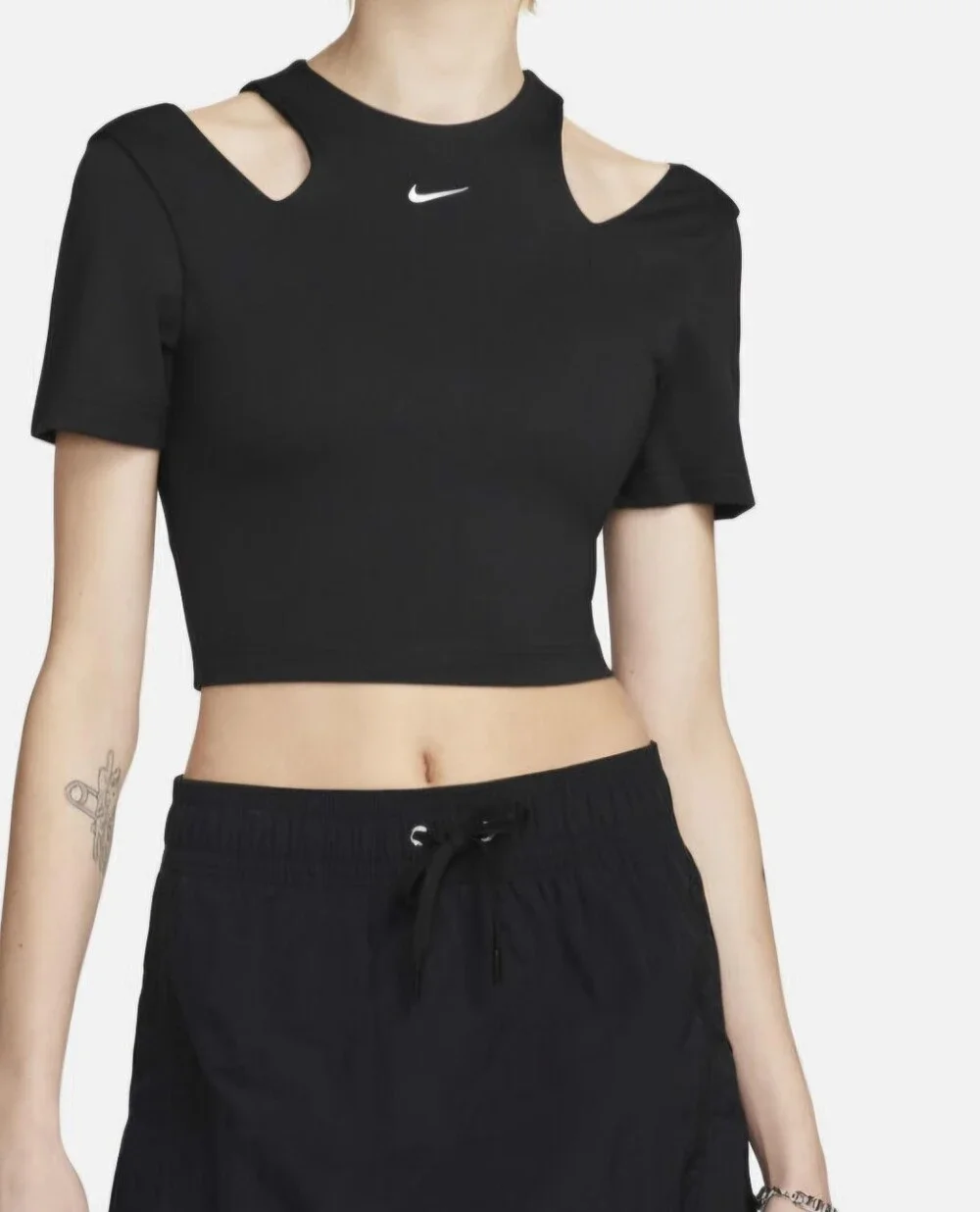 Nike Black Short Sleeve Cutout Crop Top with White Swoosh